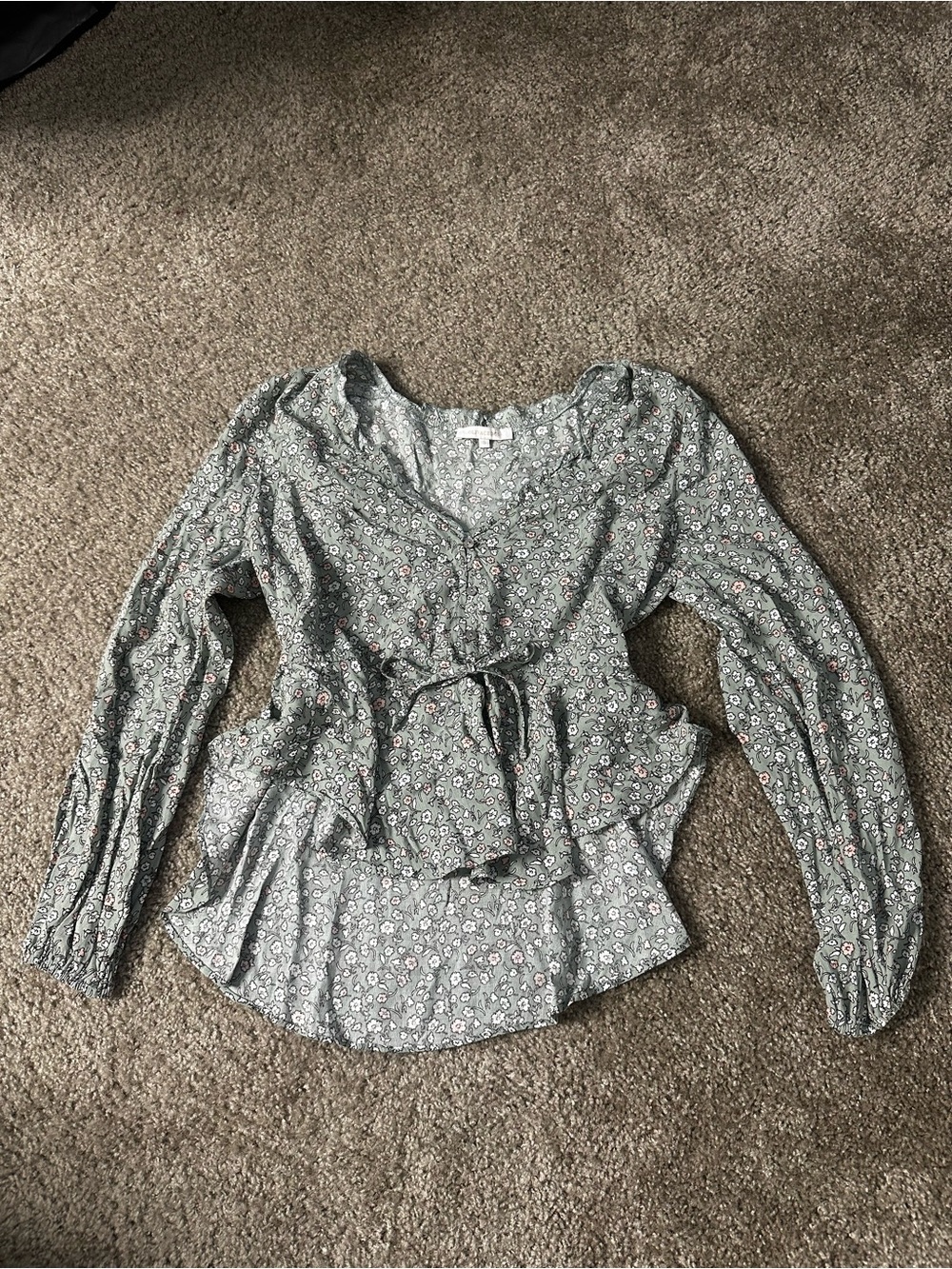 Olivaceous Sage Green Floral Tie-Front Long Sleeve Top